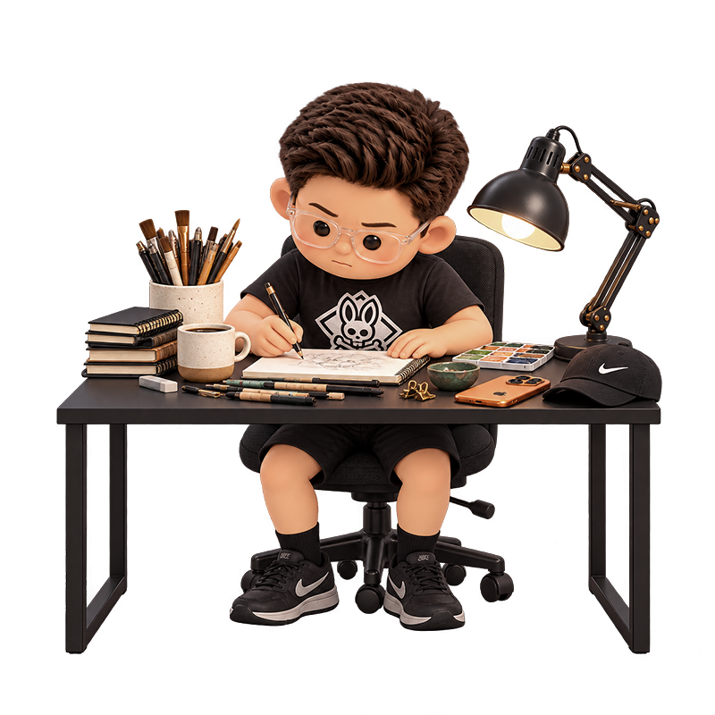 Andrew, wearing clear glasses, focused on drawing at a black desk filled with art supplies